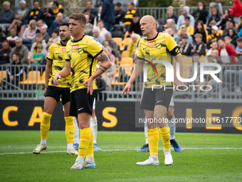 Michal Pazdan, Michal Trabka, and Manuel Torres play during the game between Wieczysta Krakow and Skra Czestochowa in Krakow, Poland, on Sep...