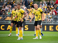 Michal Pazdan, Michal Trabka, and Manuel Torres play during the game between Wieczysta Krakow and Skra Czestochowa in Krakow, Poland, on Sep...