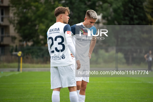 Igor Lawrynowicz and Jakub Niedbala during the game between Wieczysta Krakow and Skra Czestochowa in Krakow, Poland, on September 28, 2024....