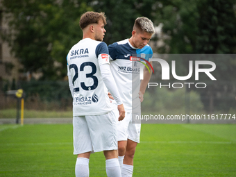 Igor Lawrynowicz and Jakub Niedbala during the game between Wieczysta Krakow and Skra Czestochowa in Krakow, Poland, on September 28, 2024....