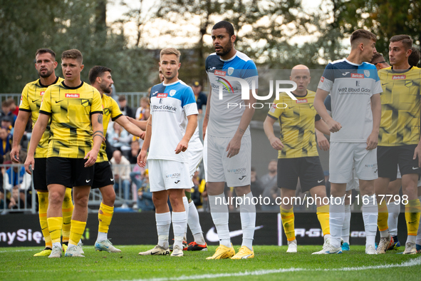 Betclic 2 Liga game between Wieczysta Krakow and Skra Czestochowa in Krakow, Poland, on September 28, 2024. Polish football second league ma...