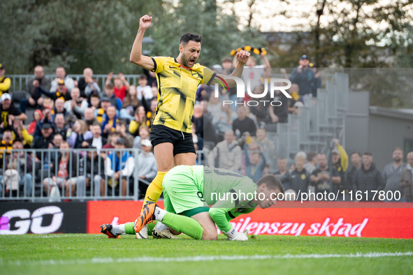 Manuel Torres and Milosz Garstkiewicz during the game between Wieczysta Krakow and Skra Czestochowa in Krakow, Poland, on September 28, 2024...