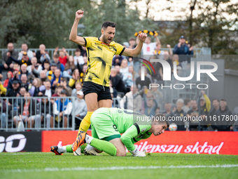 Manuel Torres and Milosz Garstkiewicz during the game between Wieczysta Krakow and Skra Czestochowa in Krakow, Poland, on September 28, 2024...