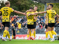 Wieczysta players celebrate scoring a goal during the game between Wieczysta Krakow and Skra Czestochowa in Krakow, Poland, on September 28,...