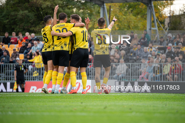 Wieczysta players celebrate scoring a goal during the game between Wieczysta Krakow and Skra Czestochowa in Krakow, Poland, on September 28,...