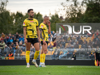 Manuel Torres and Jacek Goralski play during the game between Wieczysta Krakow and Skra Czestochowa in Krakow, Poland, on September 28, 2024...