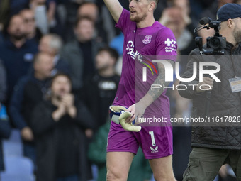 Jordan Pickford #1 (GK) of Everton F.C. celebrates at full time during the Premier League match between Everton and Crystal Palace at Goodis...