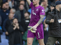 Jordan Pickford #1 (GK) of Everton F.C. celebrates at full time during the Premier League match between Everton and Crystal Palace at Goodis...