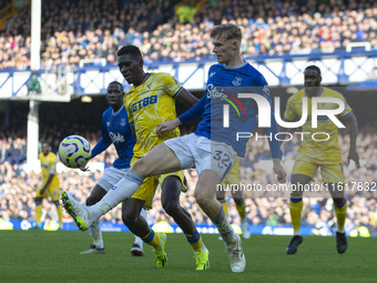 Jarrad Branthwaite #32 of Everton F.C clears the area during the Premier League match between Everton and Crystal Palace at Goodison Park in...