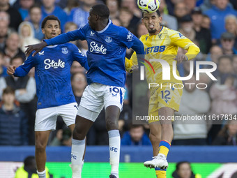 Daniel Munoz #12 of Crystal Palace F.C. heads the ball during the Premier League match between Everton and Crystal Palace at Goodison Park i...