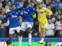 Daniel Munoz #12 of Crystal Palace F.C. heads the ball during the Premier League match between Everton and Crystal Palace at Goodison Park i...