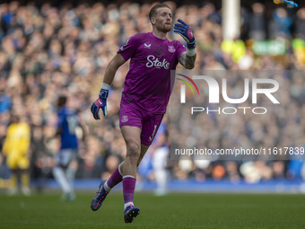 Jordan Pickford #1 (GK) of Everton F.C. during the Premier League match between Everton and Crystal Palace at Goodison Park in Liverpool, En...