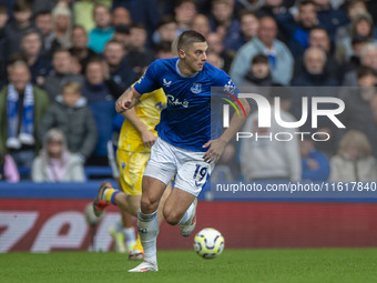 Vitaliy Mykolenko #19 of Everton F.C. during the Premier League match between Everton and Crystal Palace at Goodison Park in Liverpool, Engl...