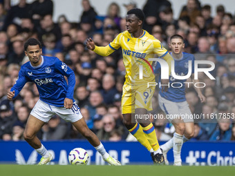 Jordan Ayew #9 of Crystal Palace F.C. is in possession of the ball during the Premier League match between Everton and Crystal Palace at Goo...