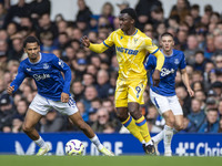 Jordan Ayew #9 of Crystal Palace F.C. is in possession of the ball during the Premier League match between Everton and Crystal Palace at Goo...