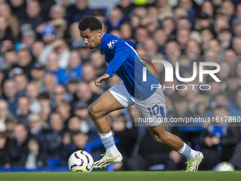 Iliman Ndiaye #10 of Everton F.C. is in action during the Premier League match between Everton and Crystal Palace at Goodison Park in Liverp...