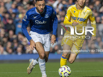 Dwight McNeil #7 of Everton F.C. is in action during the Premier League match between Everton and Crystal Palace at Goodison Park in Liverpo...