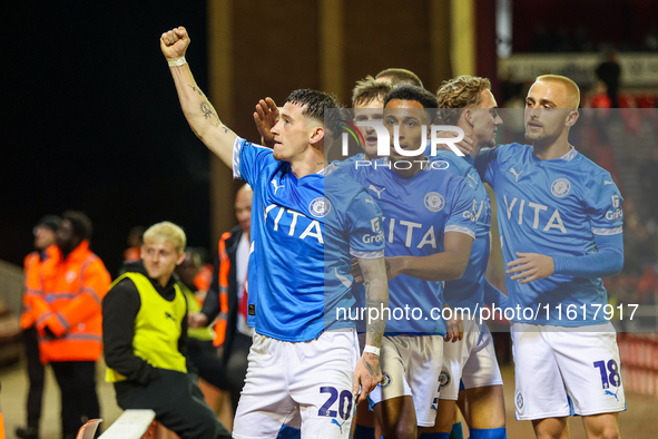 Louie Barry of Stockport celebrates his goal in front of the fans during the Sky Bet League 1 match between Barnsley and Stockport County at...