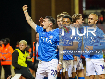 Louie Barry of Stockport celebrates his goal in front of the fans during the Sky Bet League 1 match between Barnsley and Stockport County at...