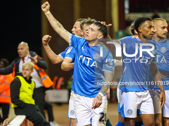 Louie Barry of Stockport celebrates his goal in front of the fans during the Sky Bet League 1 match between Barnsley and Stockport County at...