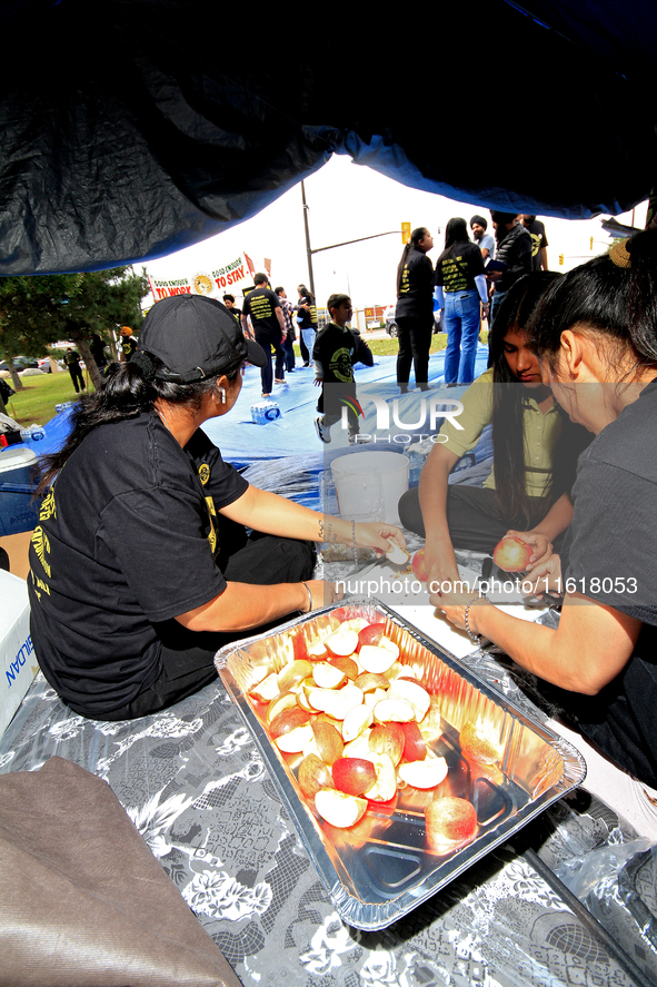 Participants prepare fruit as they set up for a protest at an international students' encampment in Brampton, Canada, on September 28, 2024....