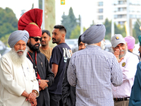 Community members gather ahead of a protest at an international students' encampment in Brampton, Canada, on September 28, 2024. The encampm...