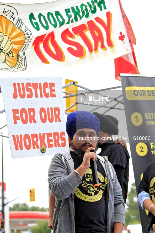 Organizer Amar Deep Singh speaks during a protest rally at an international students' encampment in Brampton, Canada, on September 28, 2024....