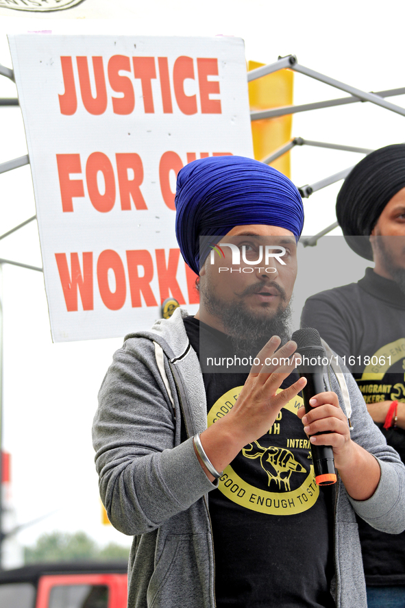 Organizer Amar Deep Singh speaks during a protest rally at an international students' encampment in Brampton, Canada, on September 28, 2024....