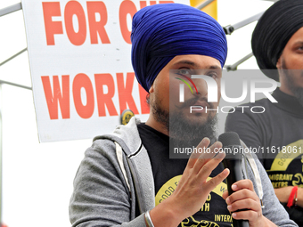 Organizer Amar Deep Singh speaks during a protest rally at an international students' encampment in Brampton, Canada, on September 28, 2024....