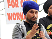 Organizer Amar Deep Singh speaks during a protest rally at an international students' encampment in Brampton, Canada, on September 28, 2024....