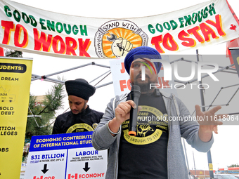 Organizer Amar Deep Singh speaks during a protest rally at an international students' encampment in Brampton, Canada, on September 28, 2024....