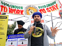 Organizer Amar Deep Singh speaks during a protest rally at an international students' encampment in Brampton, Canada, on September 28, 2024....