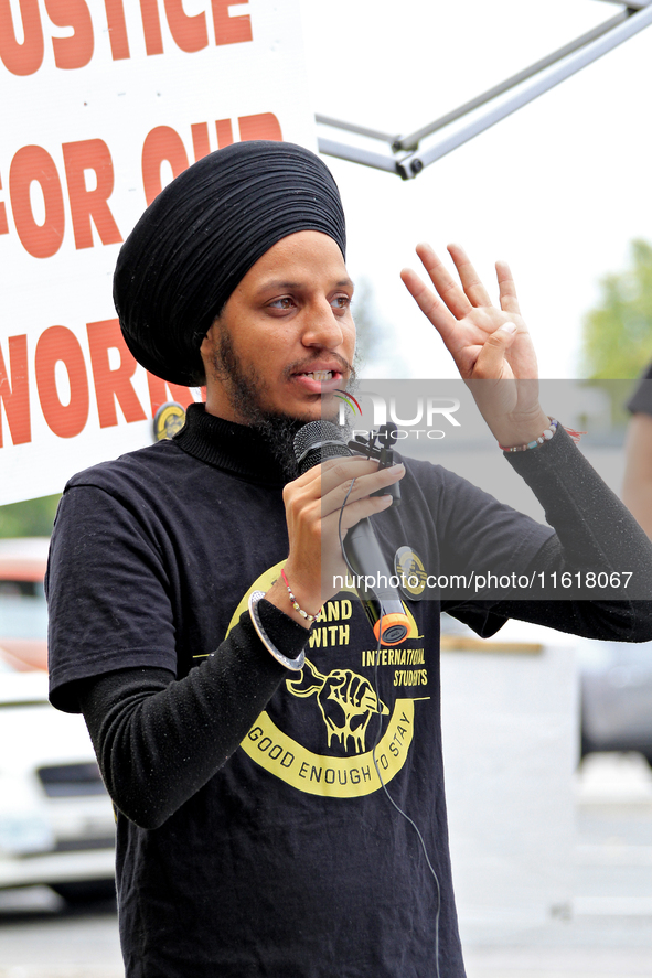 Organizer Mehakdeep Singh speaks during a protest rally at an international students' encampment in Brampton, Canada, on September 28, 2024....