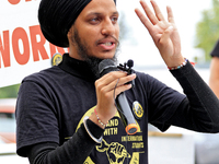 Organizer Mehakdeep Singh speaks during a protest rally at an international students' encampment in Brampton, Canada, on September 28, 2024....