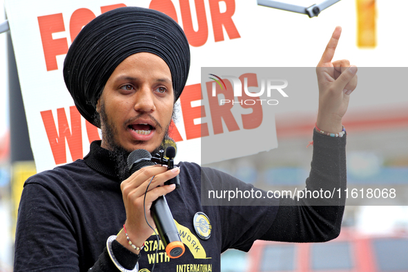 Organizer Mehakdeep Singh speaks during a protest rally at an international students' encampment in Brampton, Canada, on September 28, 2024....