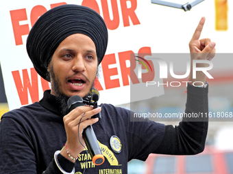 Organizer Mehakdeep Singh speaks during a protest rally at an international students' encampment in Brampton, Canada, on September 28, 2024....