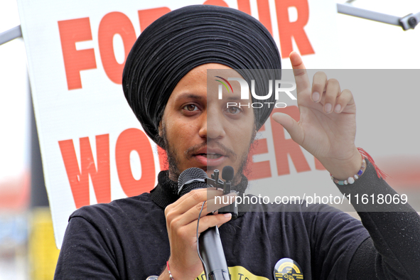 Organizer Mehakdeep Singh speaks during a protest rally at an international students' encampment in Brampton, Canada, on September 28, 2024....