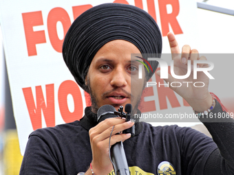 Organizer Mehakdeep Singh speaks during a protest rally at an international students' encampment in Brampton, Canada, on September 28, 2024....