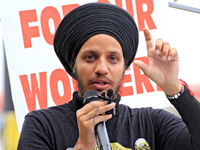 Organizer Mehakdeep Singh speaks during a protest rally at an international students' encampment in Brampton, Canada, on September 28, 2024....