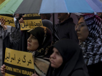 Veiled Iranian protesters hold anti-Israeli placards while taking part in a protest gathering to condemn an Israeli air strike against Hezbo...