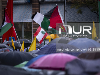 Iranian protesters wave Palestinian flags and a Lebanese flag during a protest gathering to condemn an Israeli air strike against Hezbollah'...