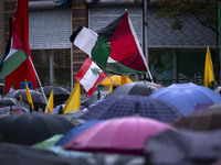 Iranian protesters wave Palestinian flags and a Lebanese flag during a protest gathering to condemn an Israeli air strike against Hezbollah'...