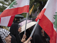 Veiled protesters wave Lebanese flags during a protest gathering to condemn an Israeli air strike against Hezbollah's headquarters in the su...