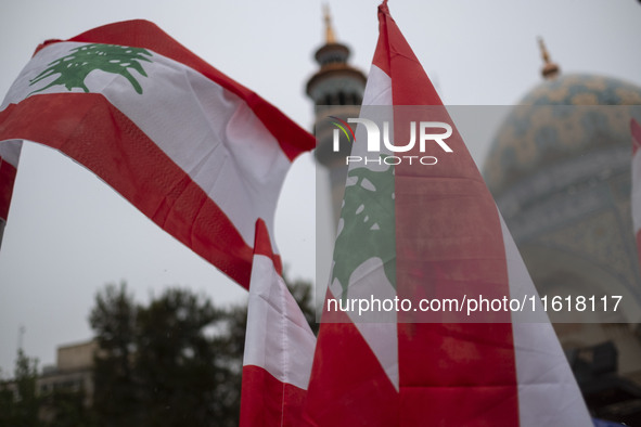 Veiled protesters (not pictured) wave Lebanese flags during a protest gathering to condemn an Israeli air strike against Hezbollah's headqua...