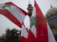 Veiled protesters (not pictured) wave Lebanese flags during a protest gathering to condemn an Israeli air strike against Hezbollah's headqua...