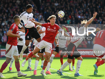 Ryan Yates of Nottingham Forest battles for the ball during the Premier League match between Nottingham Forest and Fulham at the City Ground...