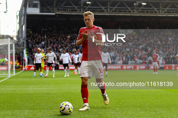 James Ward-Prowse of Nottingham Forest applauds the Forest supporters during the Premier League match between Nottingham Forest and Fulham a...