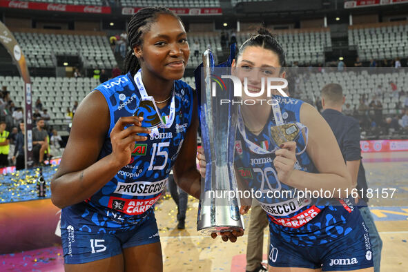 Merit Adigwe and Anna Bardaro of Prosecco Doc Imoco Conegliano during the Supercoppa Fineco Lega Volley Femminile between Prosecco Doc Imoco...