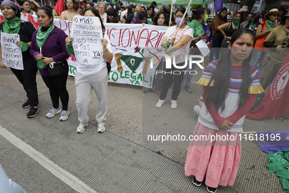 Various feminist collectives march in Mexico City, Mexico, on September 28, 2024, from various points to the capital's Zocalo to mark the Gl...