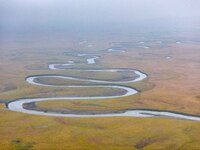 An aerial photo taken in Hulunbuir, China, on September 28, 2024, shows the winding Mogoler River passing through the grassland during autum...